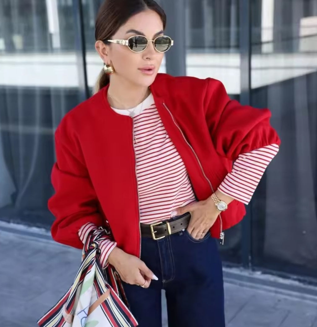Red Zipper Bomber Jackets for Women Soft Cropped Jackets Woman 2025 Long Sleeve Woman's Sports Jacket New in Outerwears