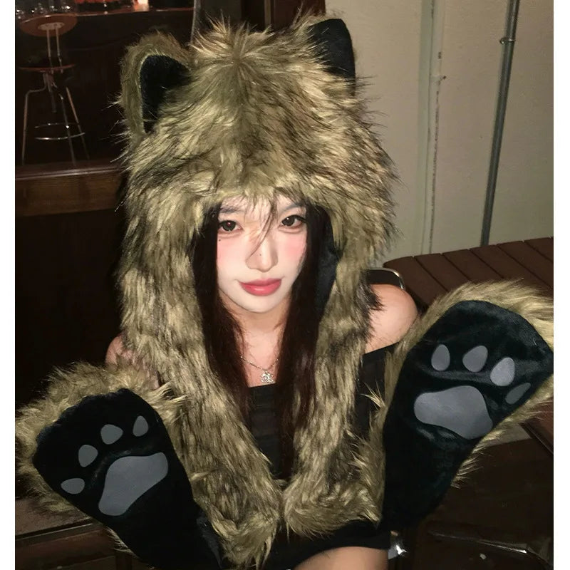 Winter Hat For Women's beanies Y2K  Cute Plush Furry Fox Ears Scarf Hat Two Piece Set Waste Earth Hat Windproof Warm Accessories