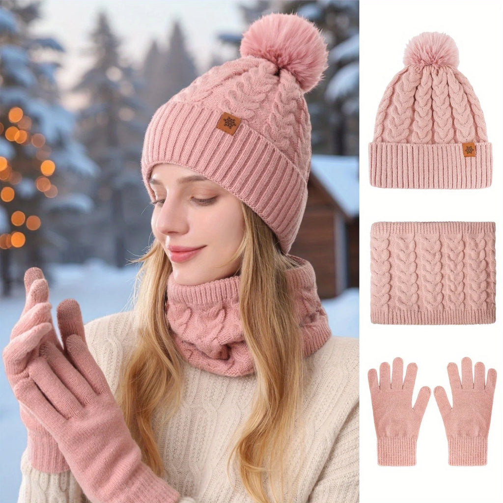 Winter 3-Piece Set: Hat, Scarf & Gloves. Warm, Thickened, Fashionable. Perfect for Outdoor Activities & Daily Use.