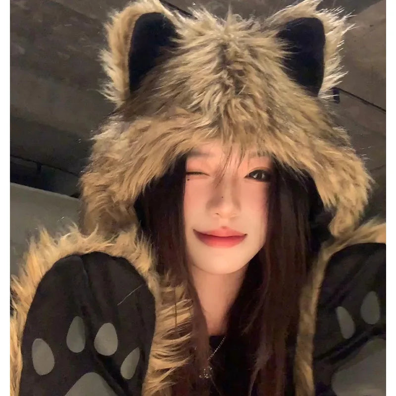 Winter Hat For Women's beanies Y2K  Cute Plush Furry Fox Ears Scarf Hat Two Piece Set Waste Earth Hat Windproof Warm Accessories