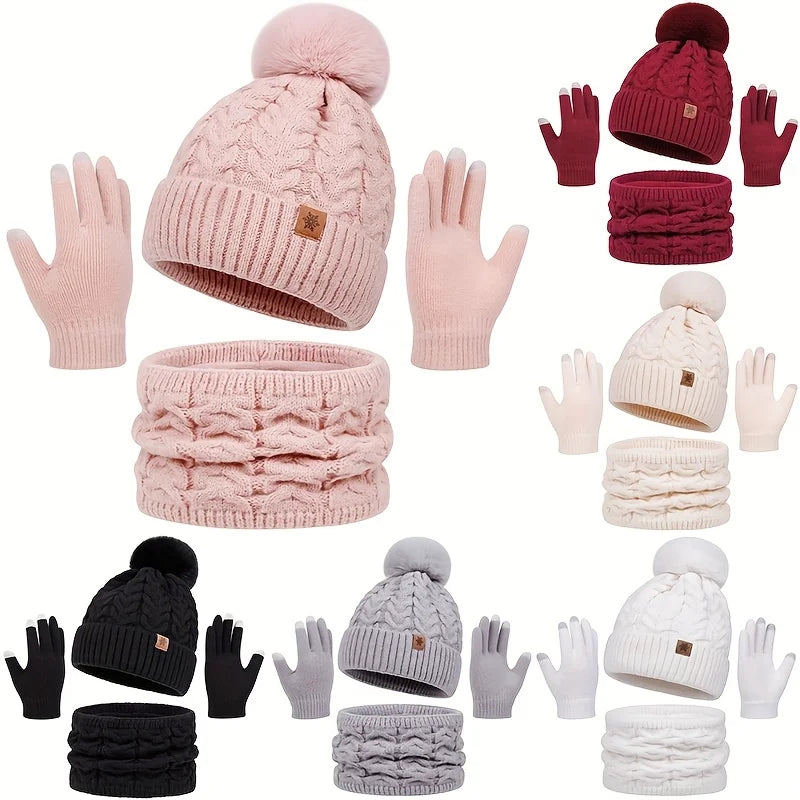 Winter 3-Piece Set: Hat, Scarf & Gloves. Warm, Thickened, Fashionable. Perfect for Outdoor Activities & Daily Use.