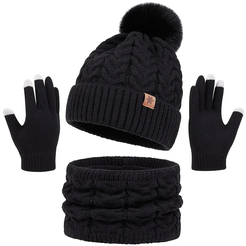 Winter 3-Piece Set: Hat, Scarf & Gloves. Warm, Thickened, Fashionable. Perfect for Outdoor Activities & Daily Use.