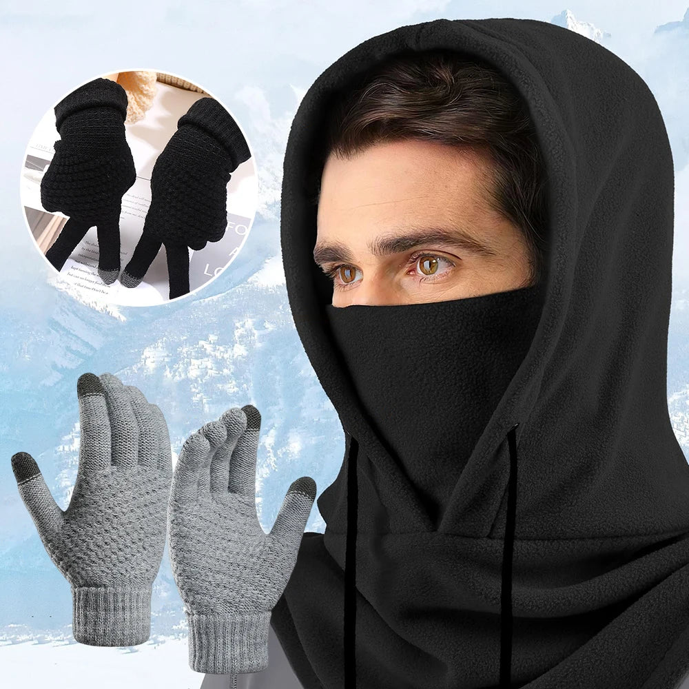 Winter Warm Set Hat and Gloves Winter Accessories Balaclava Cap Men's Sports Touchscreen Faux Cashmere Gloves Cold Weather Gear