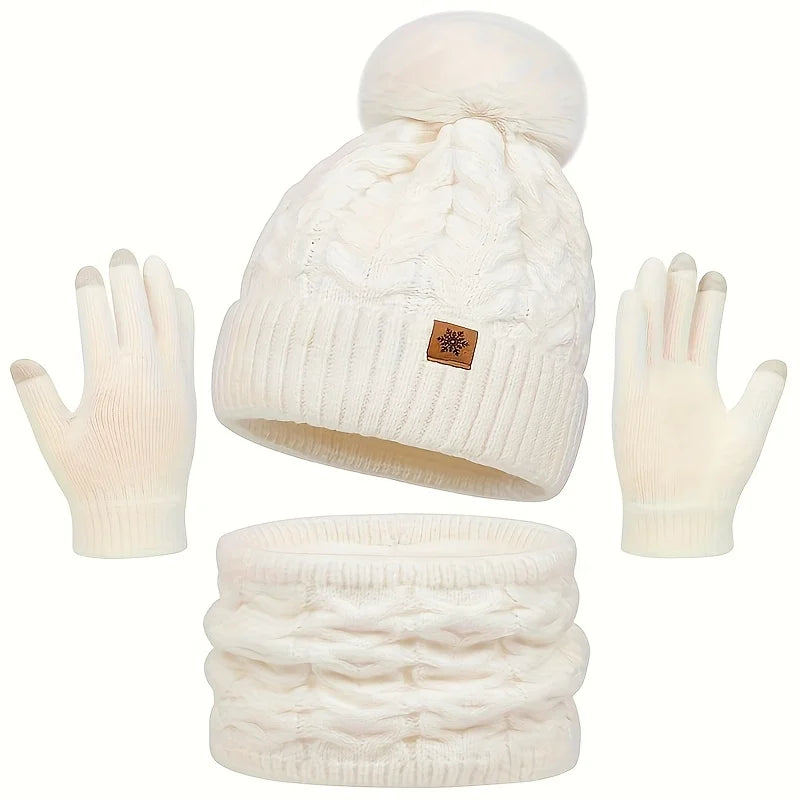 Winter 3-Piece Set: Hat, Scarf & Gloves. Warm, Thickened, Fashionable. Perfect for Outdoor Activities & Daily Use.