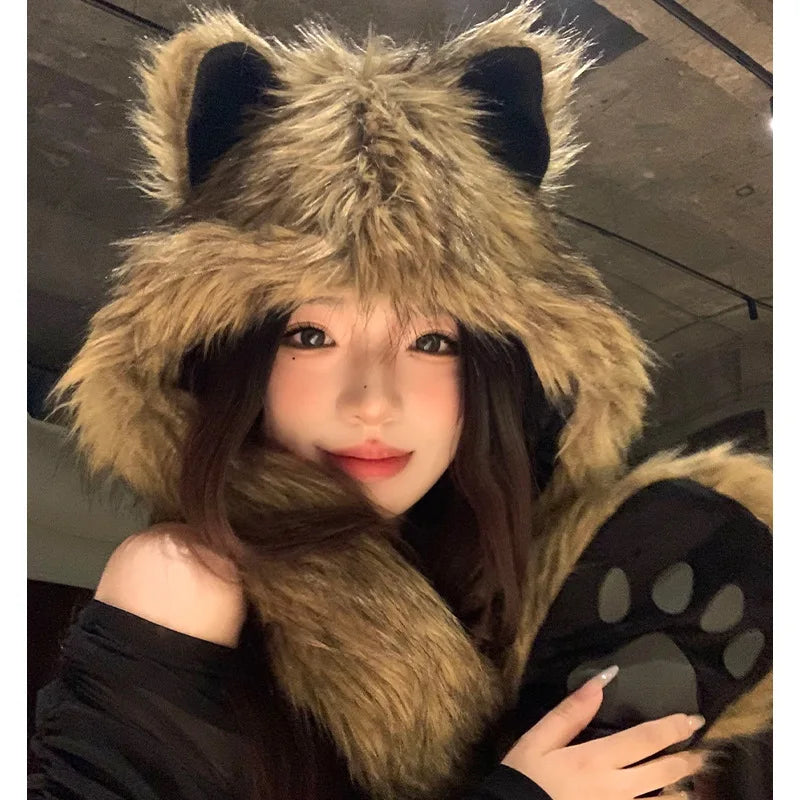 Winter Hat For Women's beanies Y2K  Cute Plush Furry Fox Ears Scarf Hat Two Piece Set Waste Earth Hat Windproof Warm Accessories