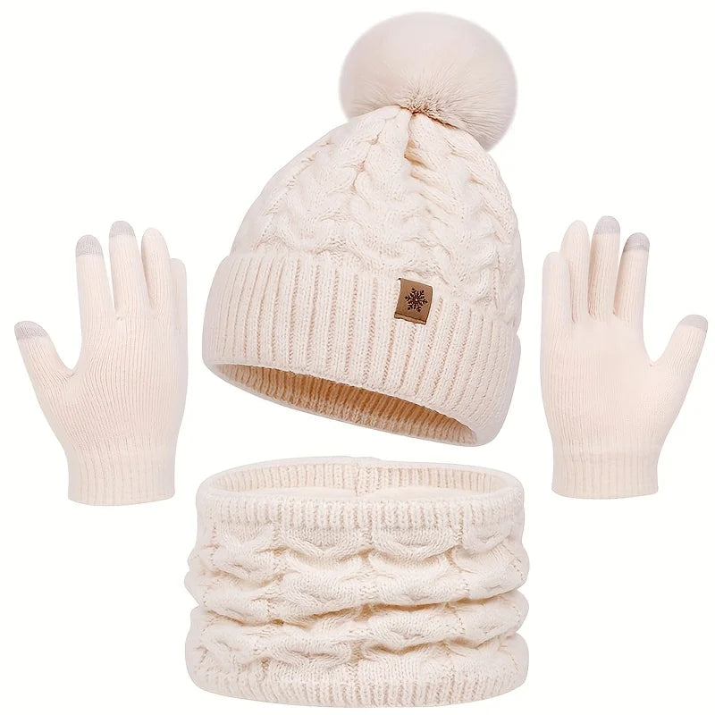 Winter 3-Piece Set: Hat, Scarf & Gloves. Warm, Thickened, Fashionable. Perfect for Outdoor Activities & Daily Use.