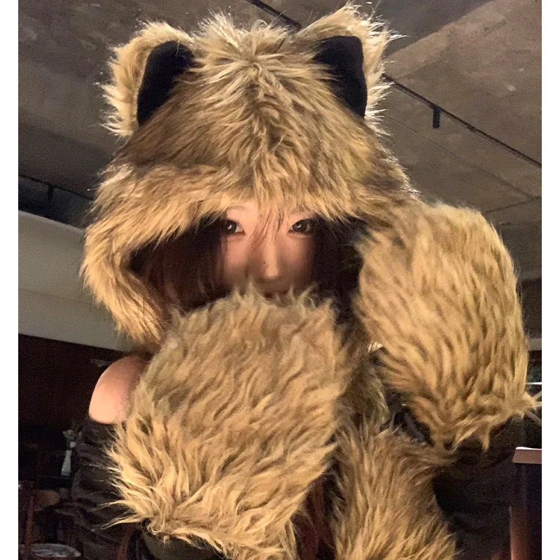 Winter Hat For Women's beanies Y2K  Cute Plush Furry Fox Ears Scarf Hat Two Piece Set Waste Earth Hat Windproof Warm Accessories