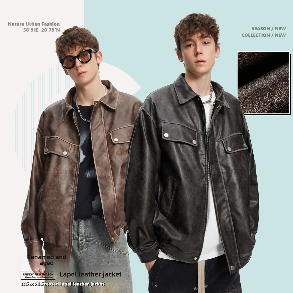 2025 Fall New Men's Genuine Leather Lapel Jacket Casual Stand Long Fashionable Silhouette Structured Drop Shoulder Unisex Coat