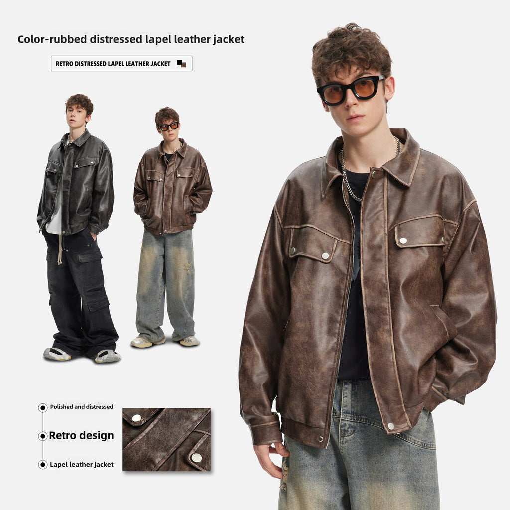 2025 Fall New Men's Genuine Leather Lapel Jacket Casual Stand Long Fashionable Silhouette Structured Drop Shoulder Unisex Coat